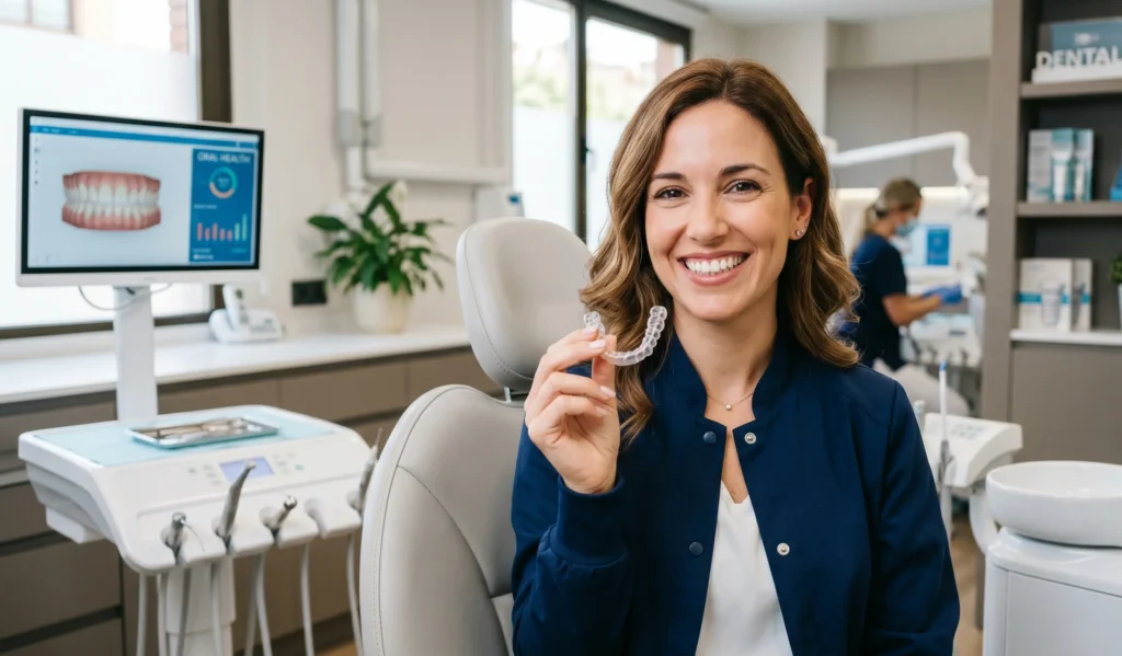 persona adulta sosteniendo un alineador transparente, sonriendo, ambiente de consulta dental moderna