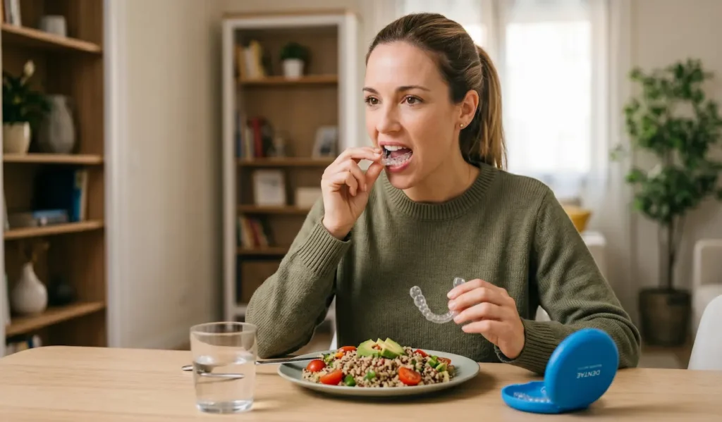 persona quitándose los alineadores antes de comer, mostrando el hábito correcto de uso