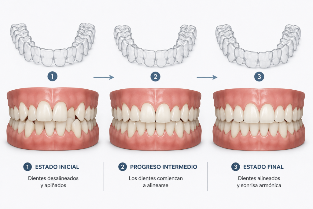secuencia visual de tres alineadores mostrando la progresión del movimiento dental