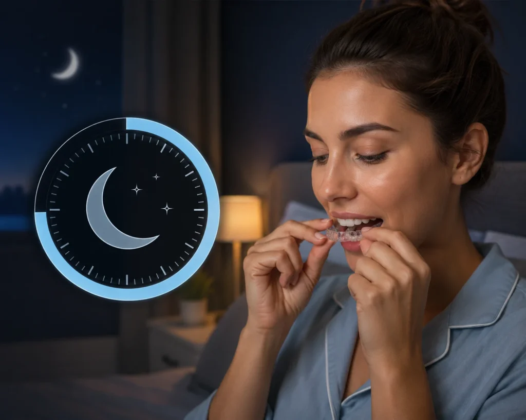 reloj o elemento visual que ilustre las 22 horas de uso diario, o persona poniéndose el alineador antes de dormir