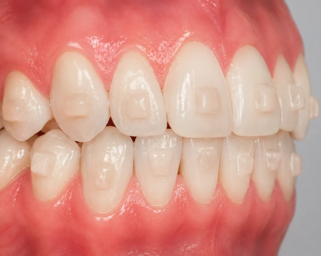 primer plano de dientes con ataches de composite colocados, fondo neutro