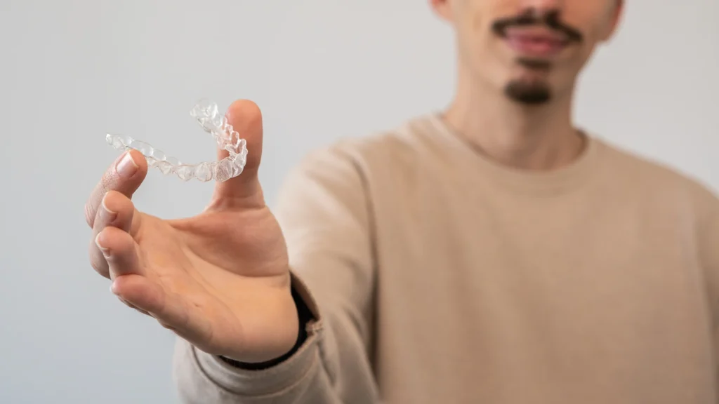 persona adulta sosteniendo un alineador transparente frente a su sonrisa